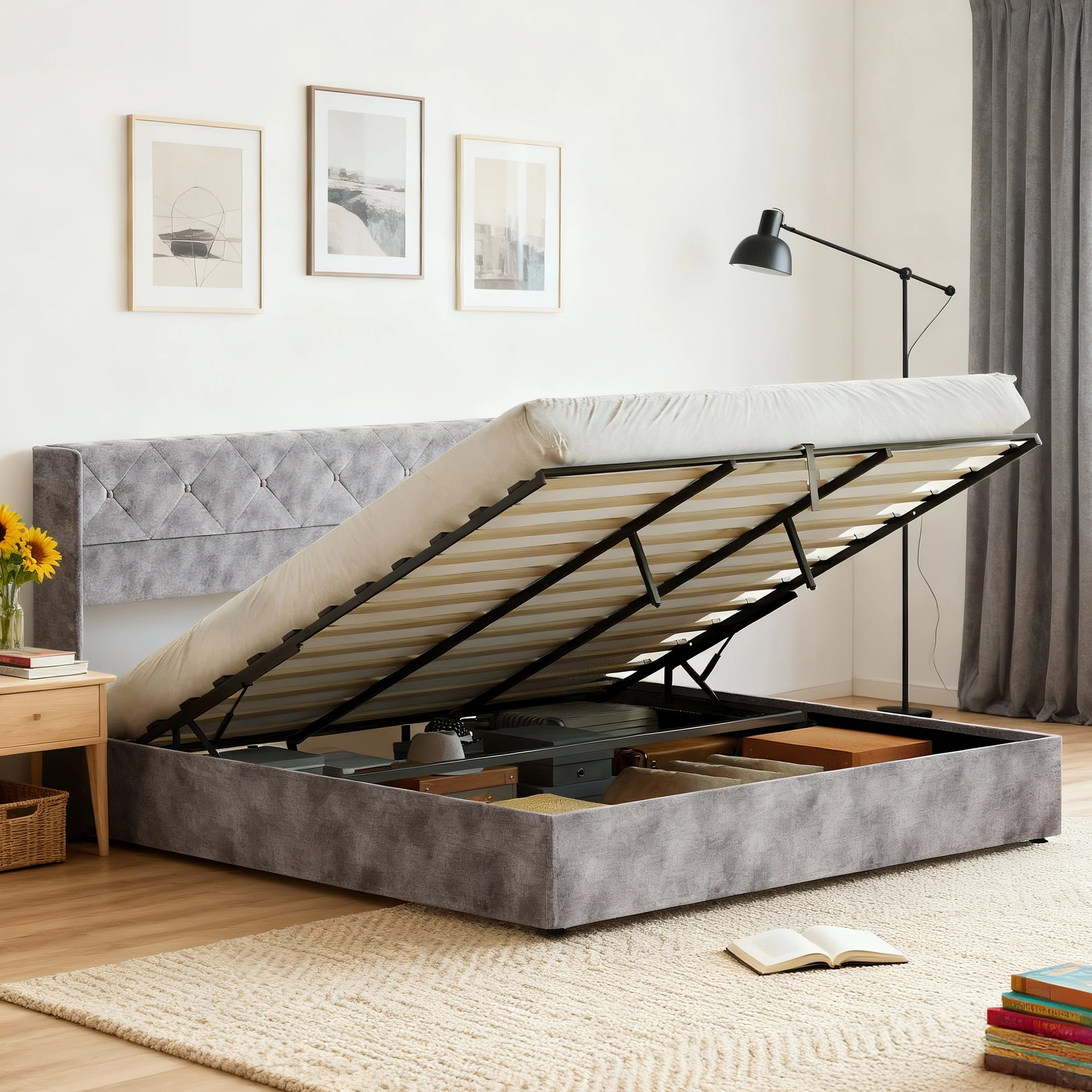 MCQ Lift Up Storage Bed Frame with Wingback Headboard Wood Slats Support Underbed Storage No Box Spring Needed Hydraulic Support Fabric Upholstered Platform Bed