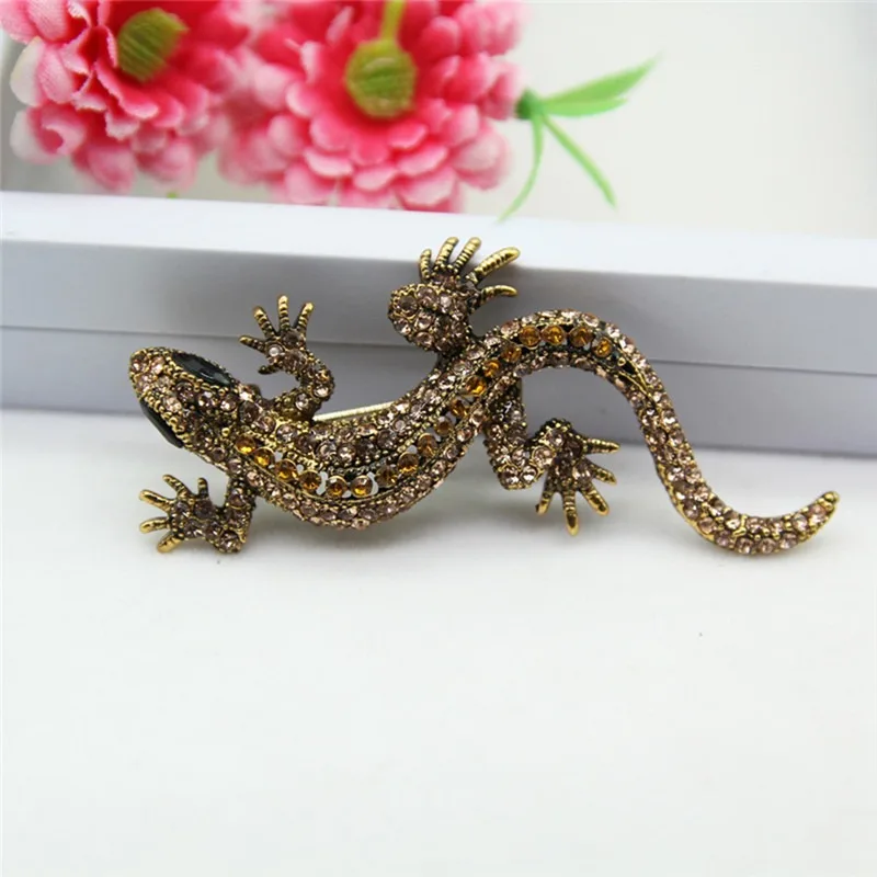 Funny Lizard Rhinestone Brooch Pin Women Geckos Party Pin and Brooch Clothes Jewelry Vintage Metal Brosch