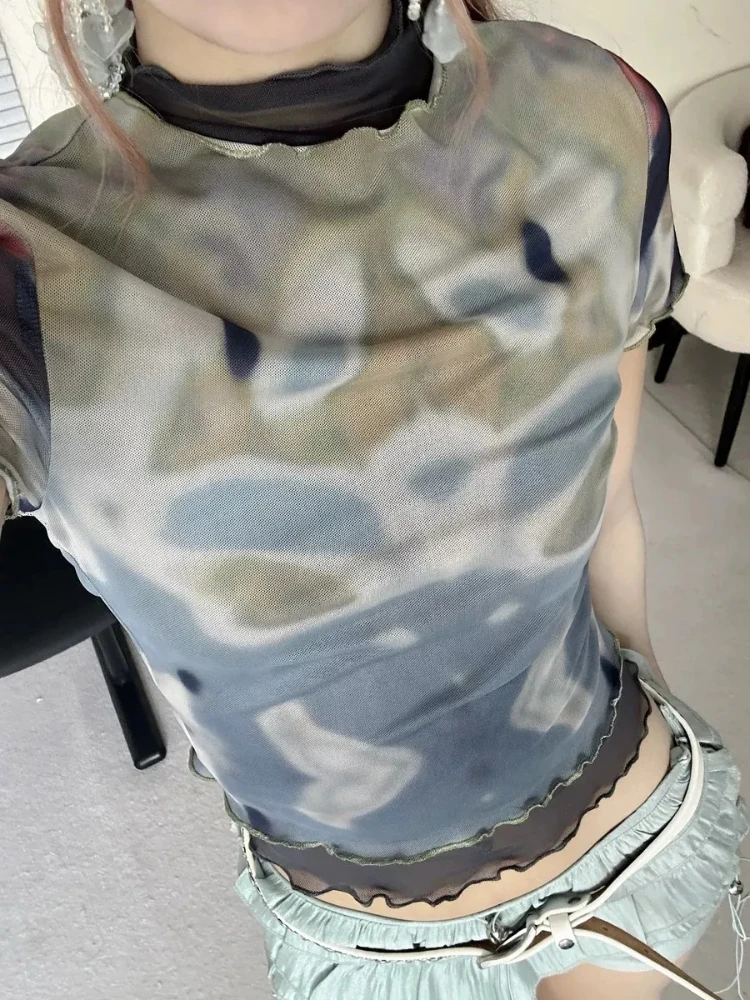 

Y2k Tie Dyed Print Mesh T-shirt Women Half High Collar Slim Fit Two Piece Crop Top Vintage Short Sleeve Streetwear