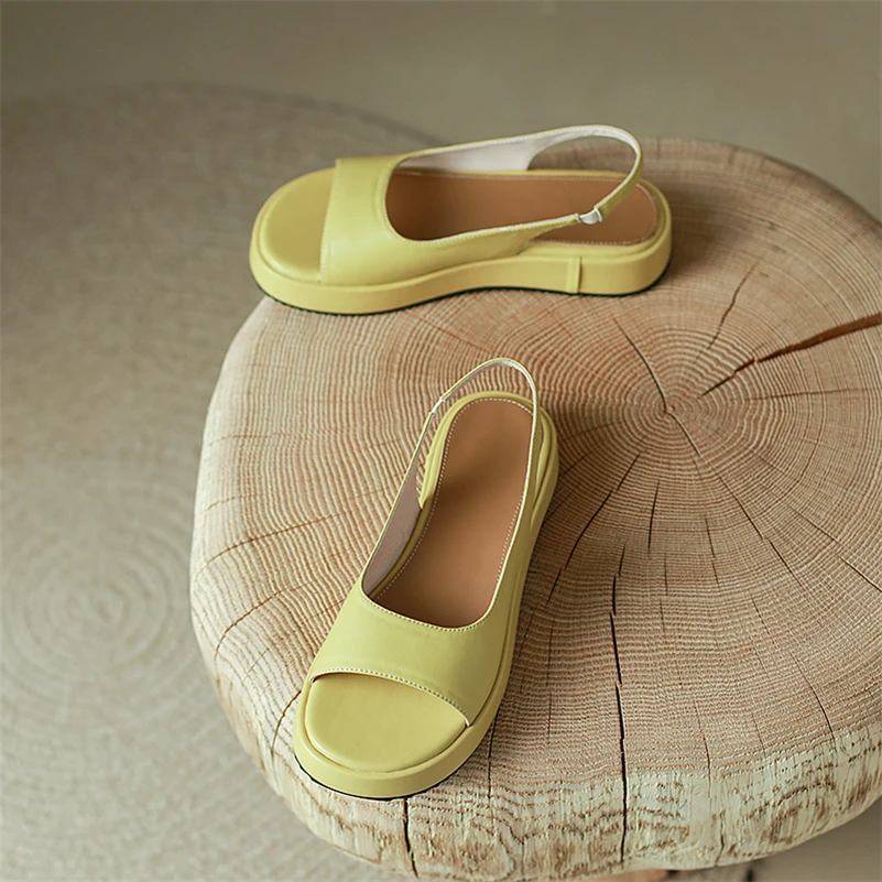 Meotina Women Genuine Leather Round Toe Platform Sandals Flats Sheepskin Ladies Fashion Casual Shoes Summer Spring Yellow