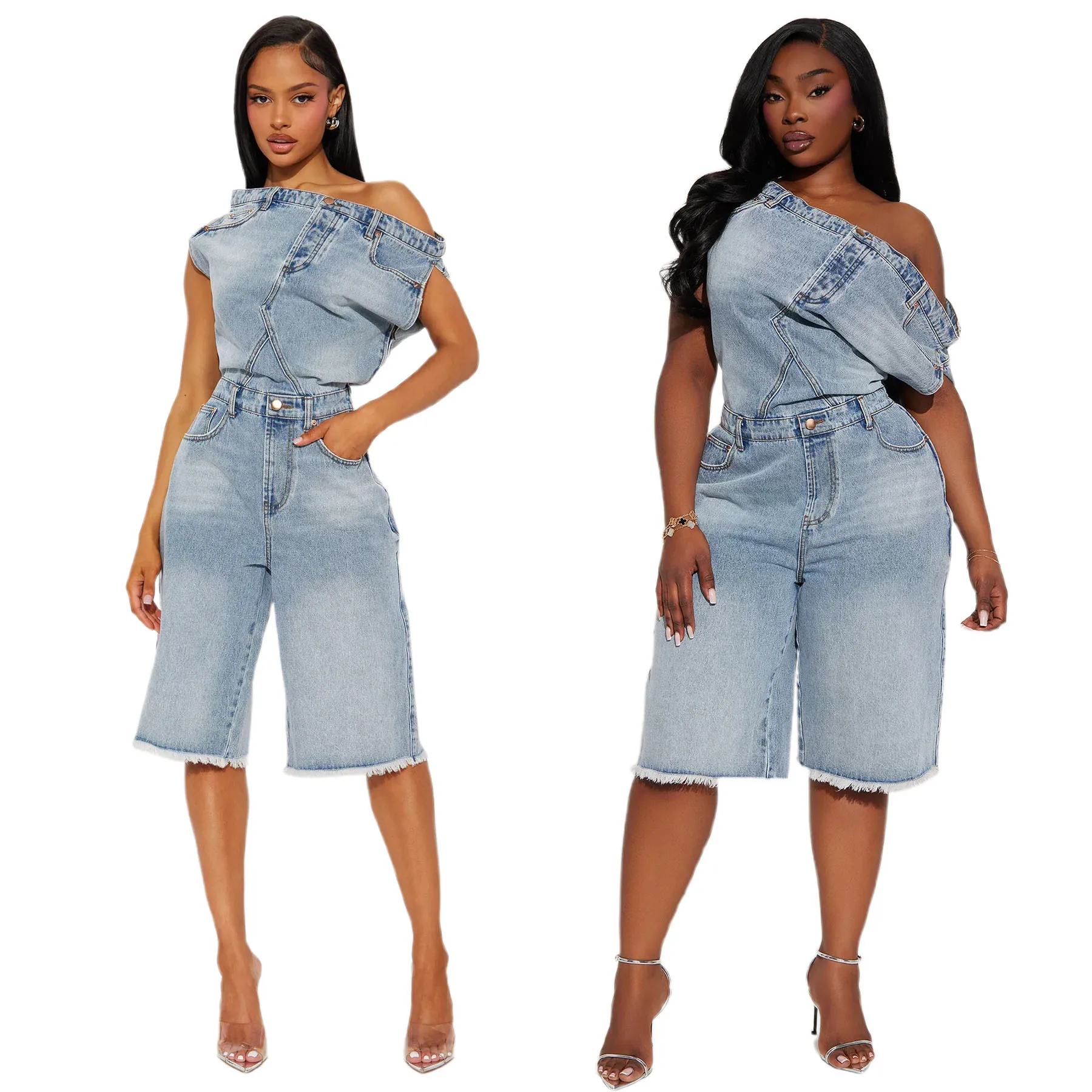 6063 New Random Fashion Off-shoulder Slim-fit Denim Jumpsuit Dress Elegant Robe Midi Prom Luxury