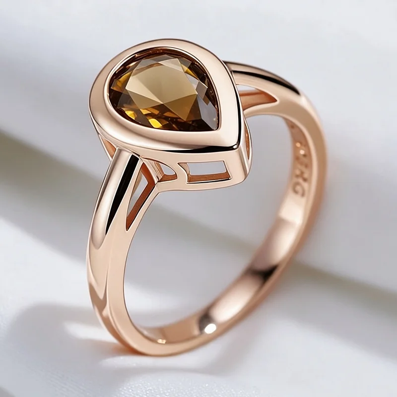 Wbmqda Einzigartiger Brauner Natürlicher Zirkonring für Damen 585 Roségoldfarben Modischer Urlaubsschmuck Accessoires