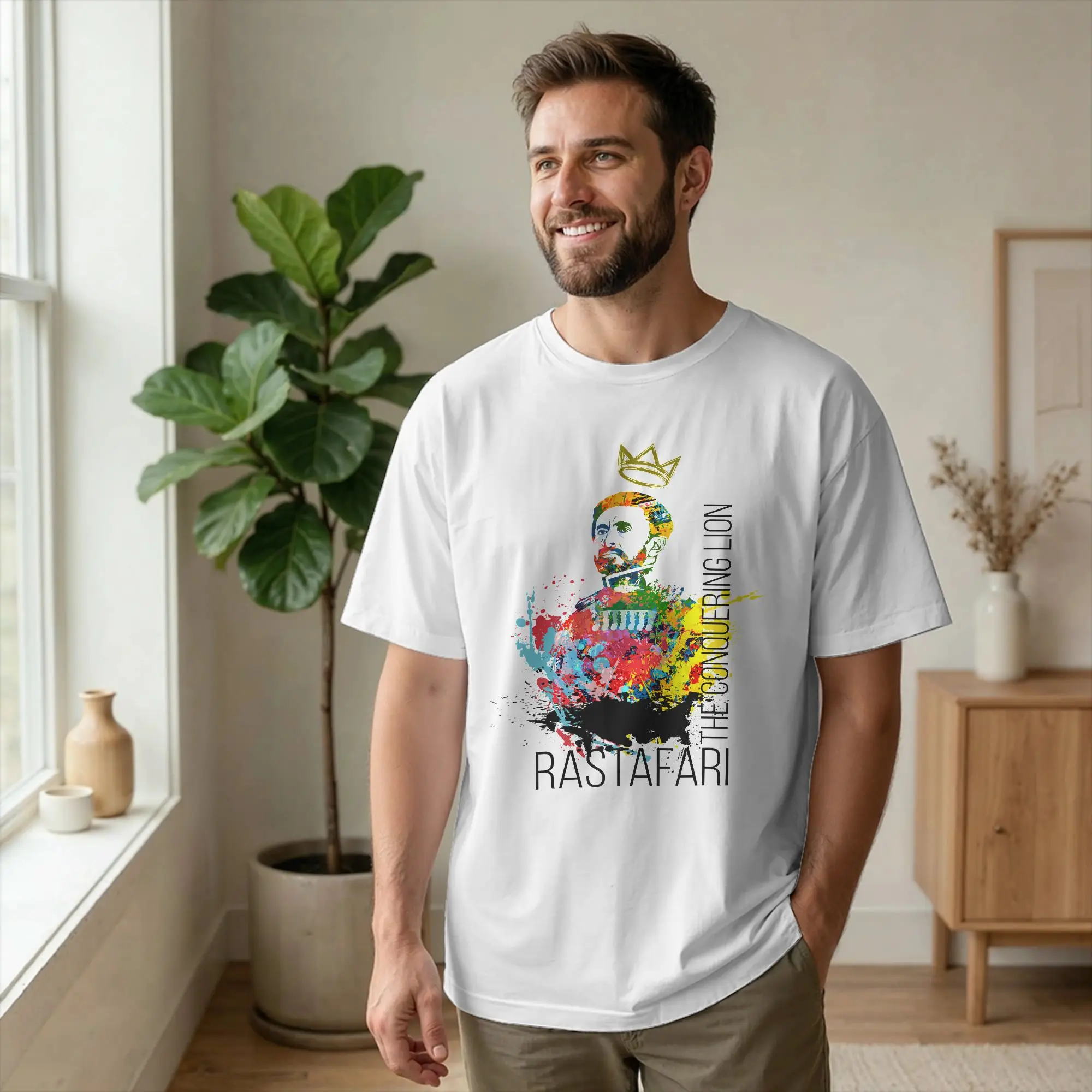 Men's Haile Selassie Portrait Graffiti Art T Shirt Rastafari Cotton merch Vintage Short Sleeve Round Neck Tees Plus Size T-Shirt