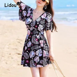 2023 Women Summer Elegant Fashion Printed One Piece Swimsuits Summer Vacation Short Sleeve High Waist Beach Mini Skirt Swimwear