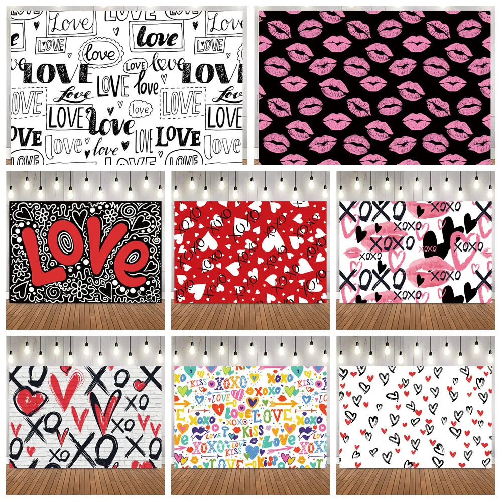 Valentine's Day Graffiti Style Photo Backdrop Love Lips XOXO Pattern Romantic Party Wedding Photography Background Shoot Props