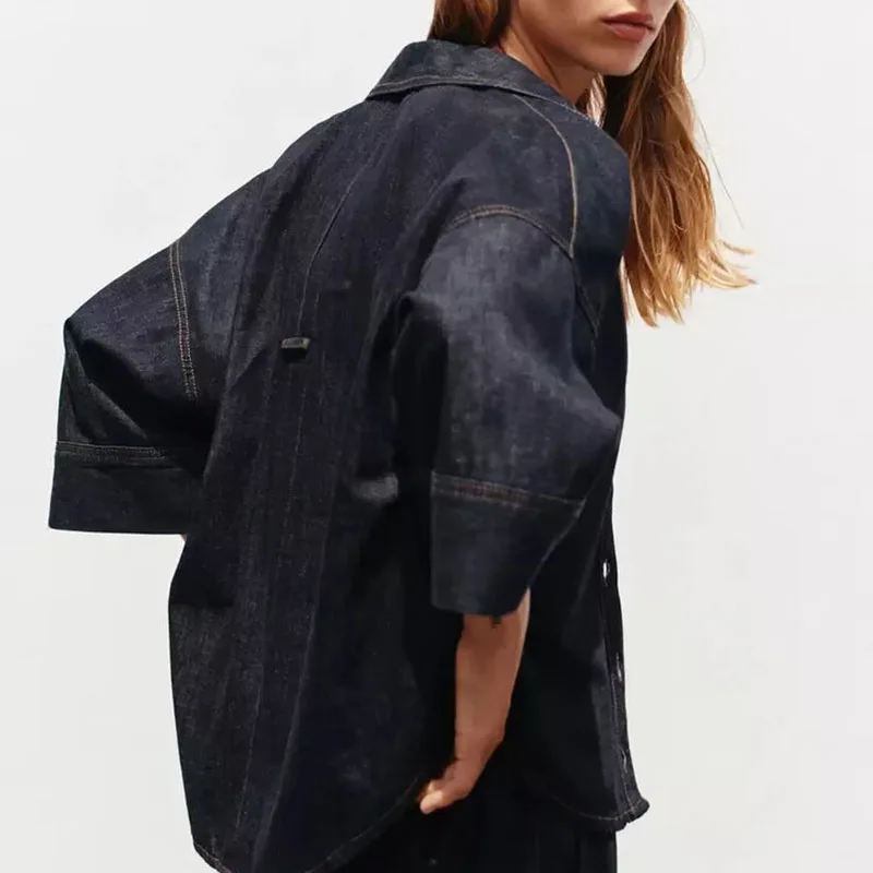 New Autumn Women's Denim irt Casual Jeans Set Long Sve Turn-down Collar Two-piece Suite for Adults Suitable for Fall