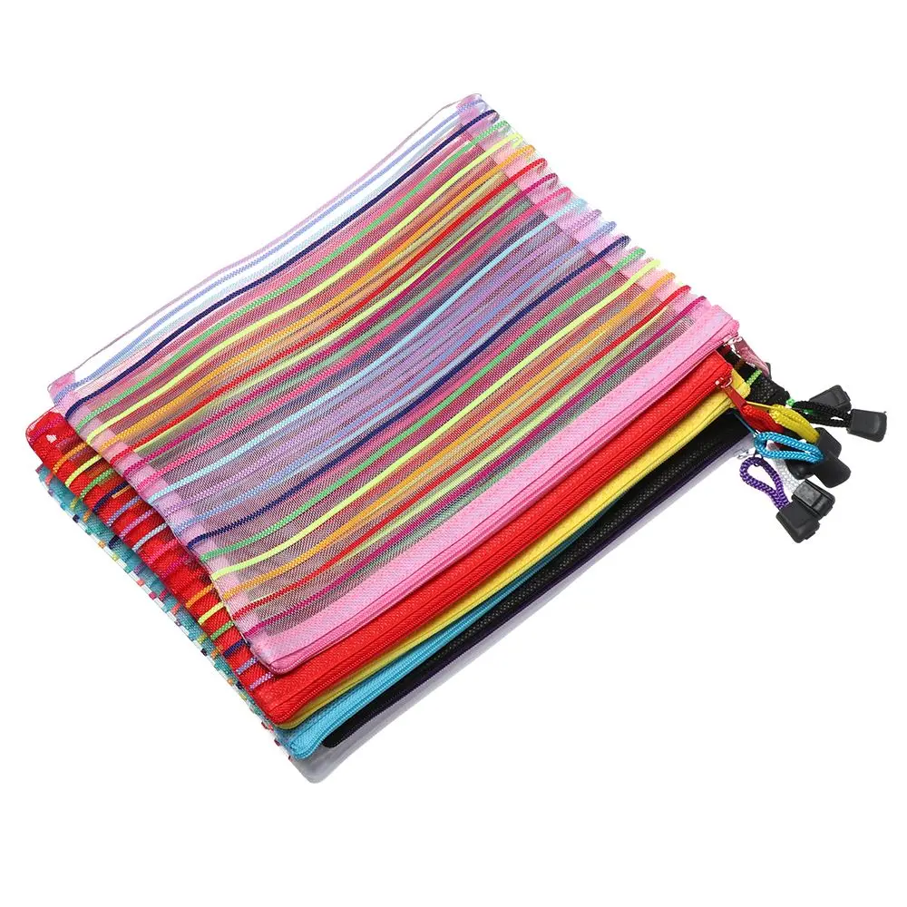 1pc Solid Color Handbags Cosmetic Stationery Makeup Nylon Mesh Pen Bag Zipper Pencil Case Grid Cosmetic Storage