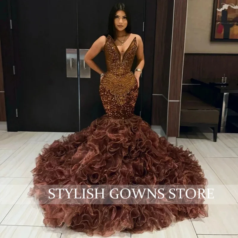 Customized African Pink Ruffles Prom Dress Crystal Beads Mermaid Party Gown Black Girls Vestidos De Festa
