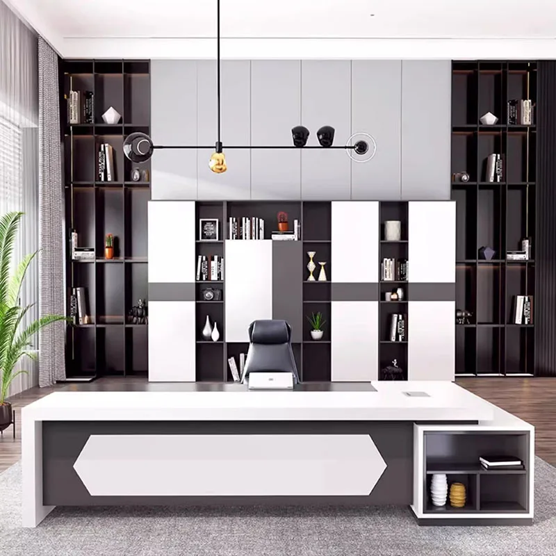 مكتب مكتب غرفة نوم بيضاء واقفة تنفيذية فاخرة على شكل L مكتب مكتب عرض بسيط أثاث تافولو العصري #2