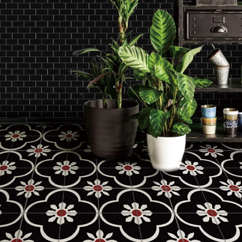 Vinyl Vintage Black Moroccan Mosaic Floor Tiles Stickers, Bathroom Kitchen Background Self-adhesive Removable Flower Brick Decal