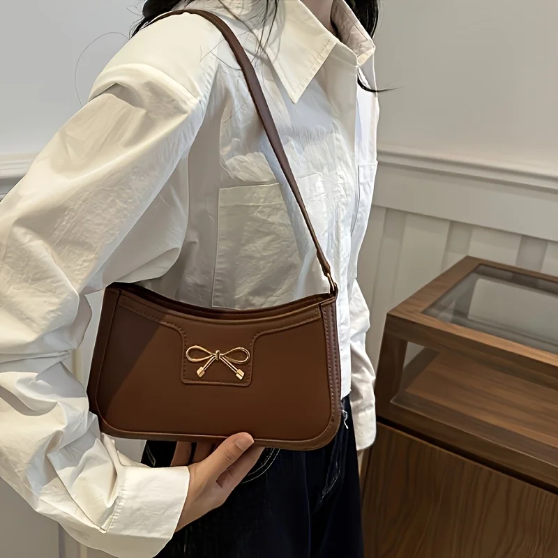 

Solid Color Bow Shoulder Bag, Elegant Small Square Bag, Suitable for Women's Bags, Zipper Closure, Fashion Underarm Bag