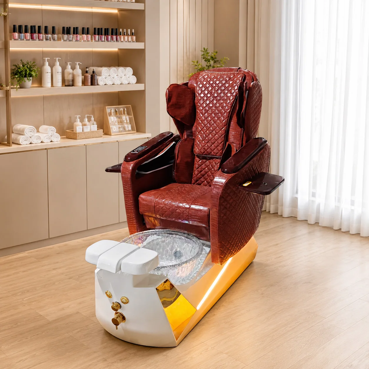 Luxury Croc Leather Pedicure Spa Chair, Back Massage Recliner with Foot Tub LED Light Base Wooden Armrest Nail Salon Equipment