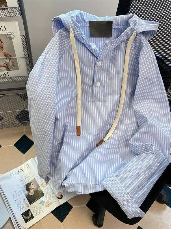 

Loose Men's Hooded Shirt Vertical Stripes Casual Breathable Spring Autumn Large Size 300 Pounds High Design Sense Outerwear