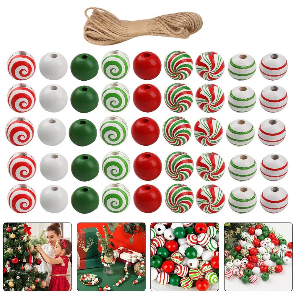 1 Juego de accesorios de decoración de árbol de Navidad, cuentas de madera estampadas coloridas para manualidades de joyería Diy, cuentas espaciadoras de madera