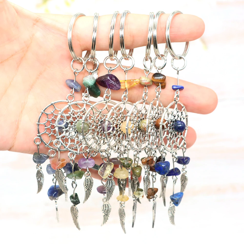 

Natural Stone Beads Bohemian Indians Wing Dreamcatcher Alloy Keychain Healing Crystal Amethyst Quartz Agate Charms Key Chain