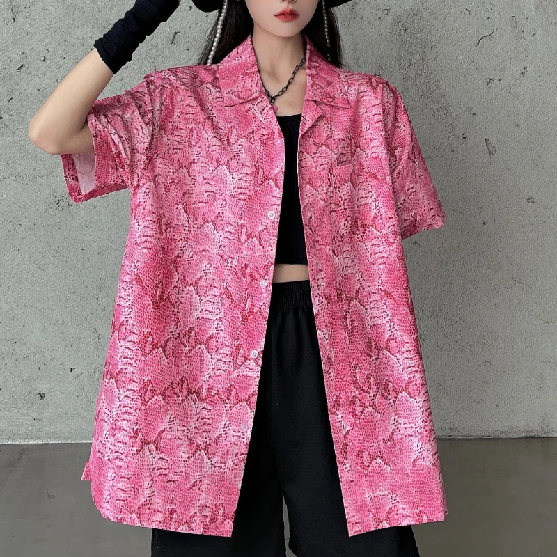 Pink Snake Print Shirt Streetwear Button Up Blouse for Women Girl Hip Hop Tops Clothes Alt Alternative Clothing Korean Fashion