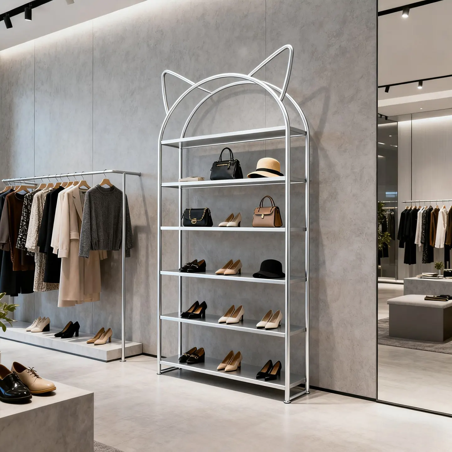 

Стеллаж для демонстрации женской одежды от пола до потолка из кованого железа, витрина для обуви и сумок, стеллаж для образцов в магазине косметики.