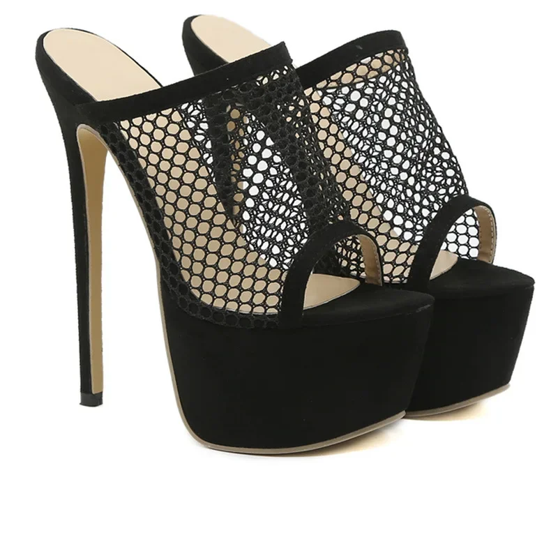 Sexy Black Peep Toe Platform Sandals Pole Dance Mesh Hollow Out 16CM Thin High Heel Shoes for Women Zapatos De Mujer