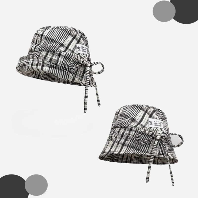 

Korean Black and White Plaid Fashion Bucket Hat Summer Outdoor Street Trend Wide Brim Cotton Lace-up Bow Sun Cap for Women's