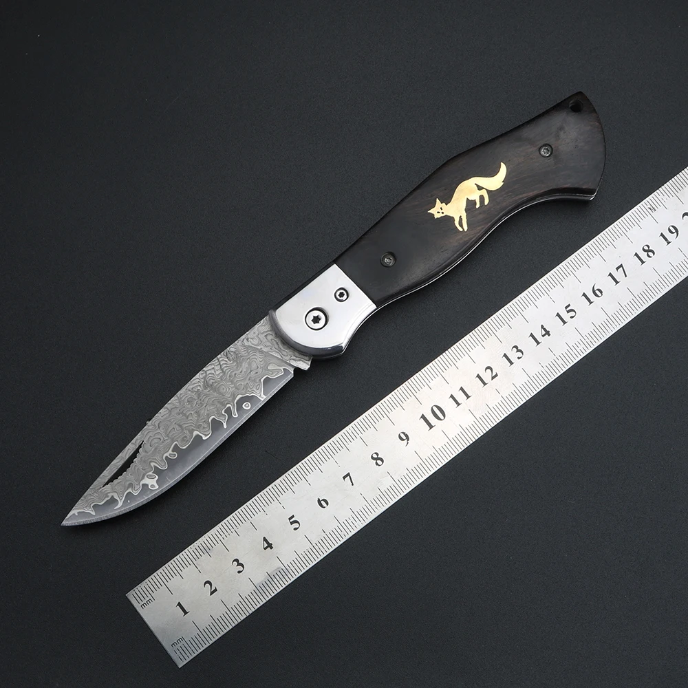 Cuchillo plegable con mango de sándalo Fox, cuchillo de Damasco de alta dureza para exteriores, cuchillo de caza para acampar