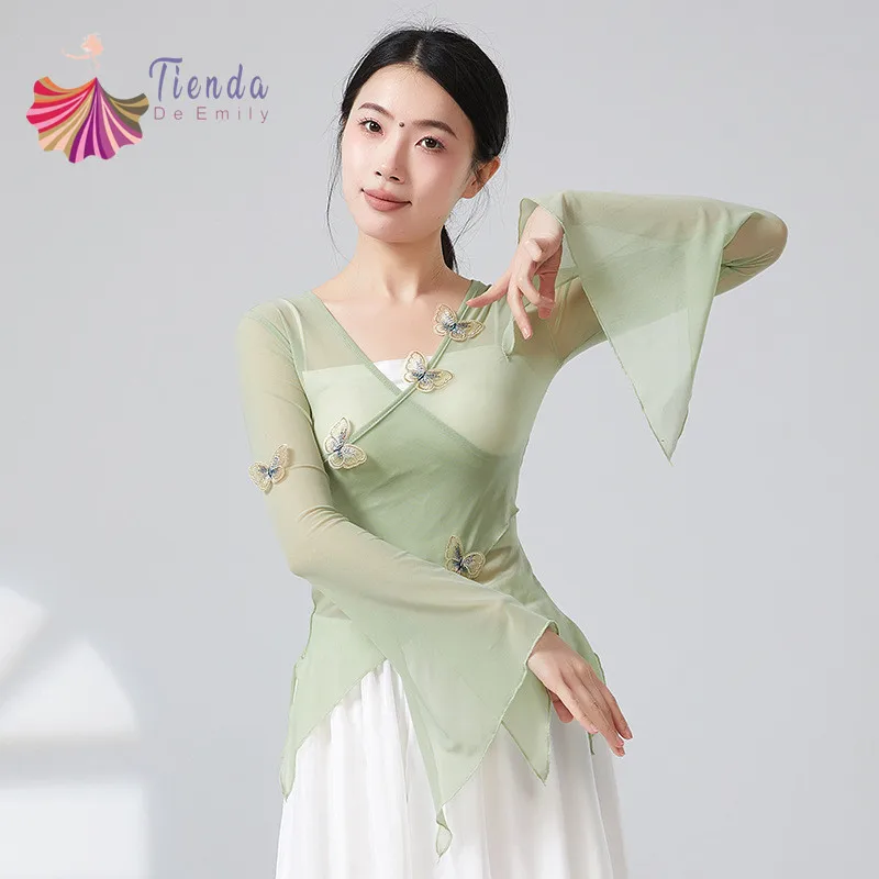 Haut en gaze décoré papillon pour femme, chemise en maille transparente, manches longues, élégant, classique, vêtements de danse folklorique