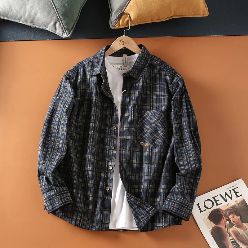 Spring Autumn Vintage Japan Style Men\'s Shirt Casual Simple Plaid Embroidery Pocket Loose Washed Long Sleeve Fashion Lapel Tops