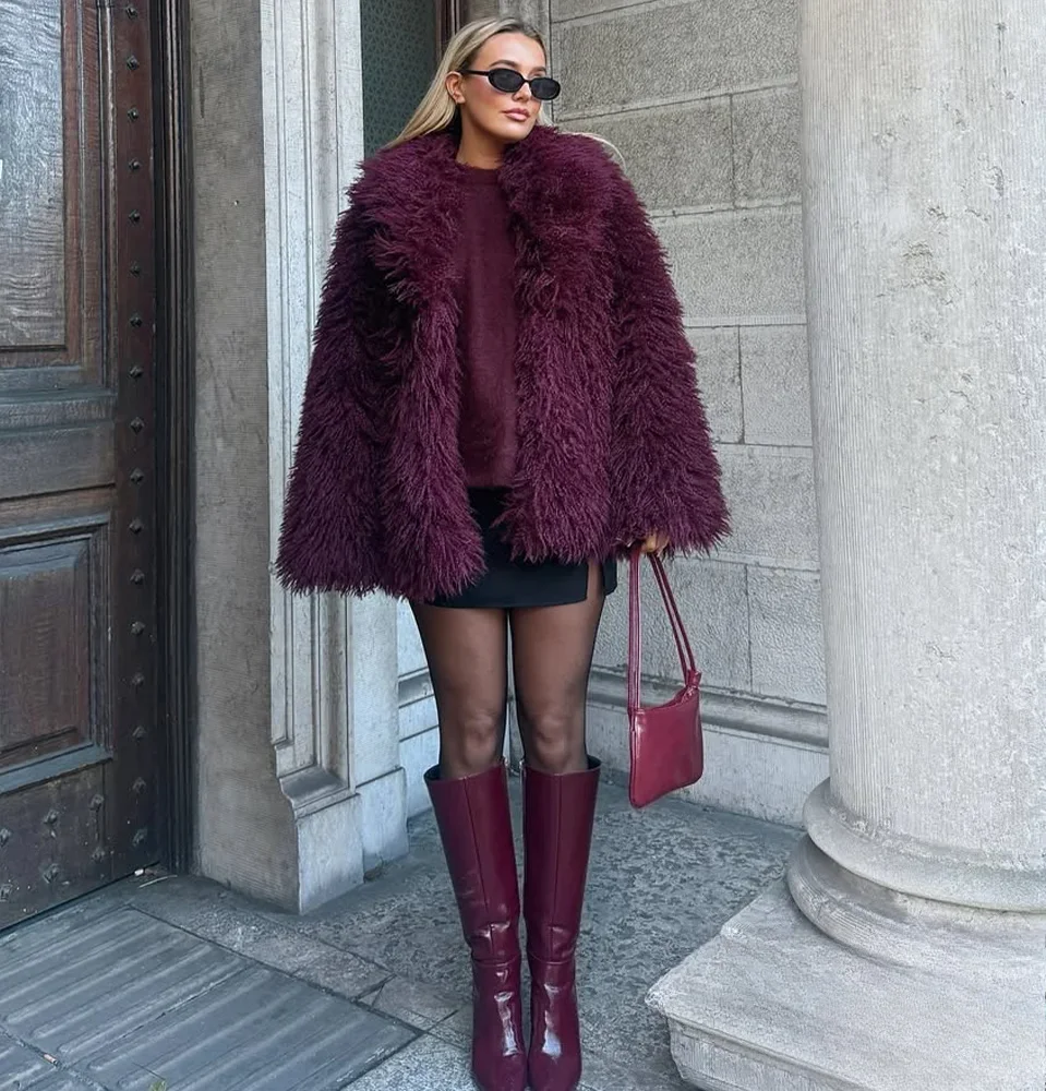 

KONDALA-Women Stylish Fur-Effect Coat Lapel Shaggy Faux Fur Burgundy Coat New 2025 Fall Winter Fashion Elegant Vintage Coat
