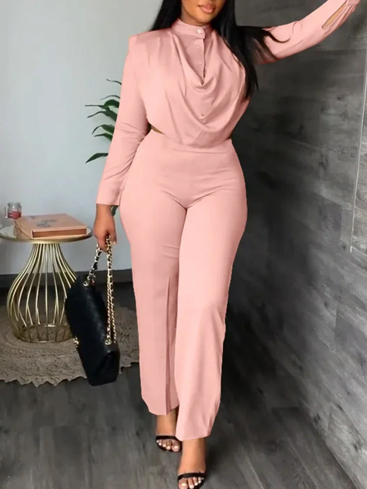 

Sexy Off Waist Long Sleeve Shirt Trousers Office Lady Spring Summer Fashion Elegant Solid Pants Two Piece Set Women Outfit 2023