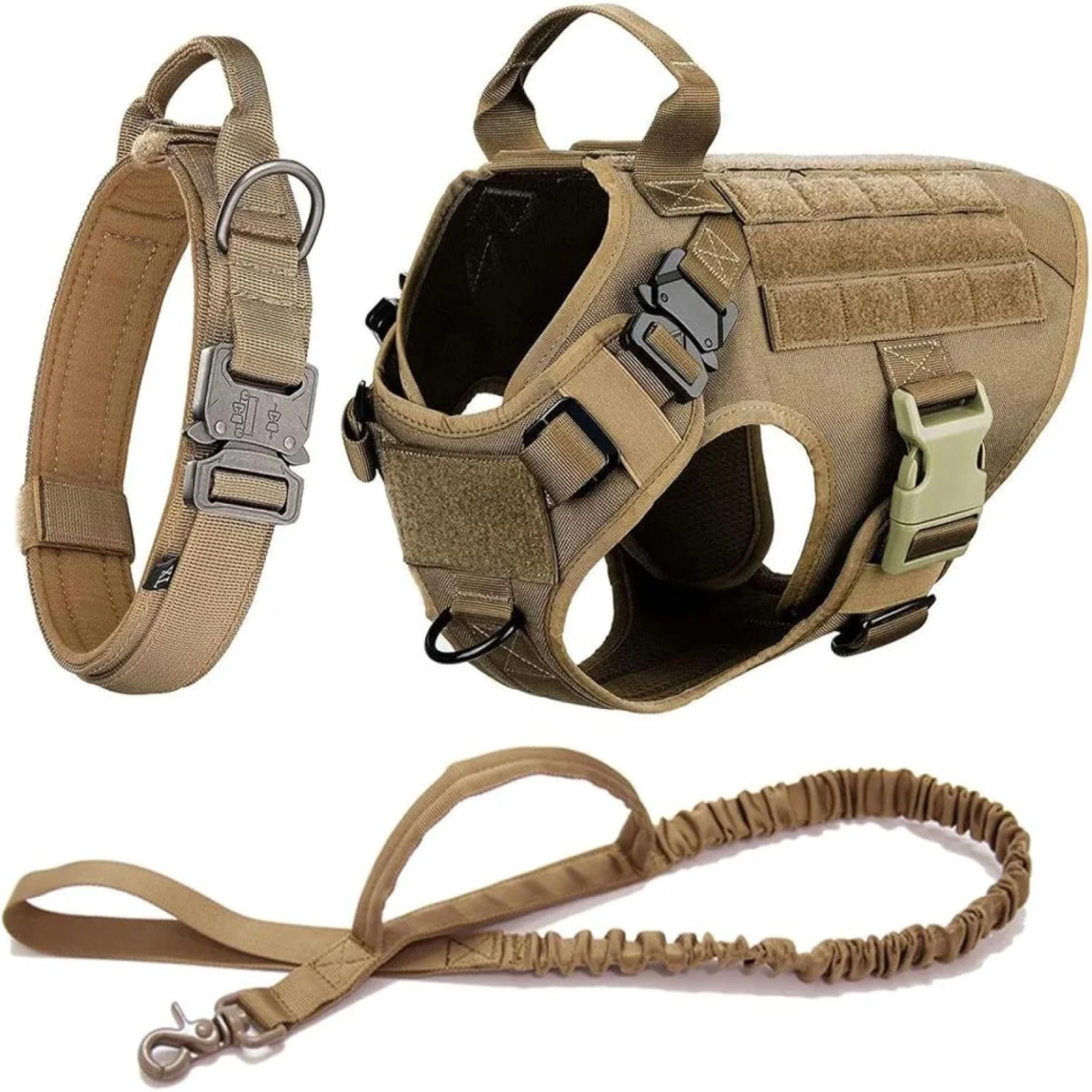 

Khaki tactical leash harness nylon large dog vest pet chest and back collar 3-piece set 97cm x 2.5cm leash extended 140cm