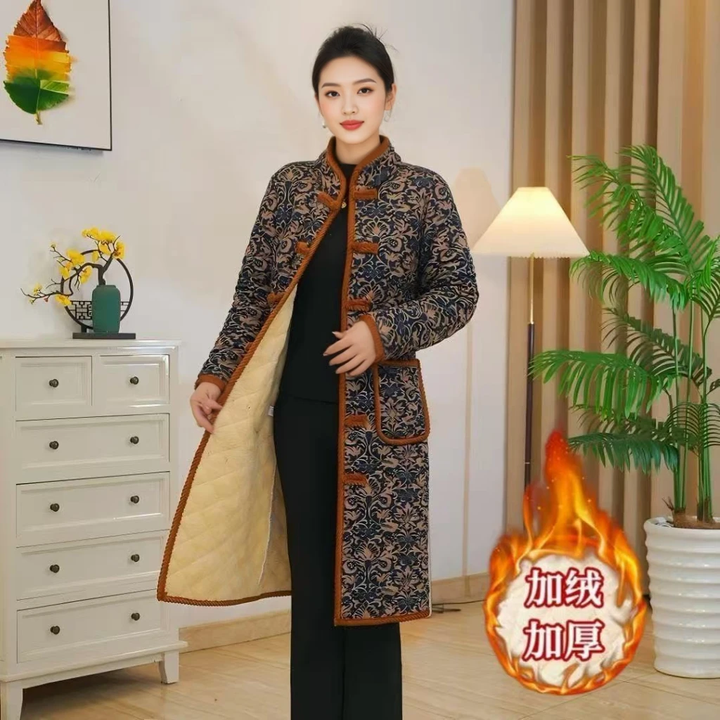 Middle-aged and Elderly Women's Cotton Coat Vintage buckle soft Winter Jackets Printing Single-breasted long Parkas Overcoat