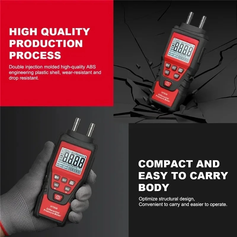 HT636 Digital Manometer Pressure Gauge Meter Handheld Pressure Differential Detector Air Pressure Kit Detector Meter