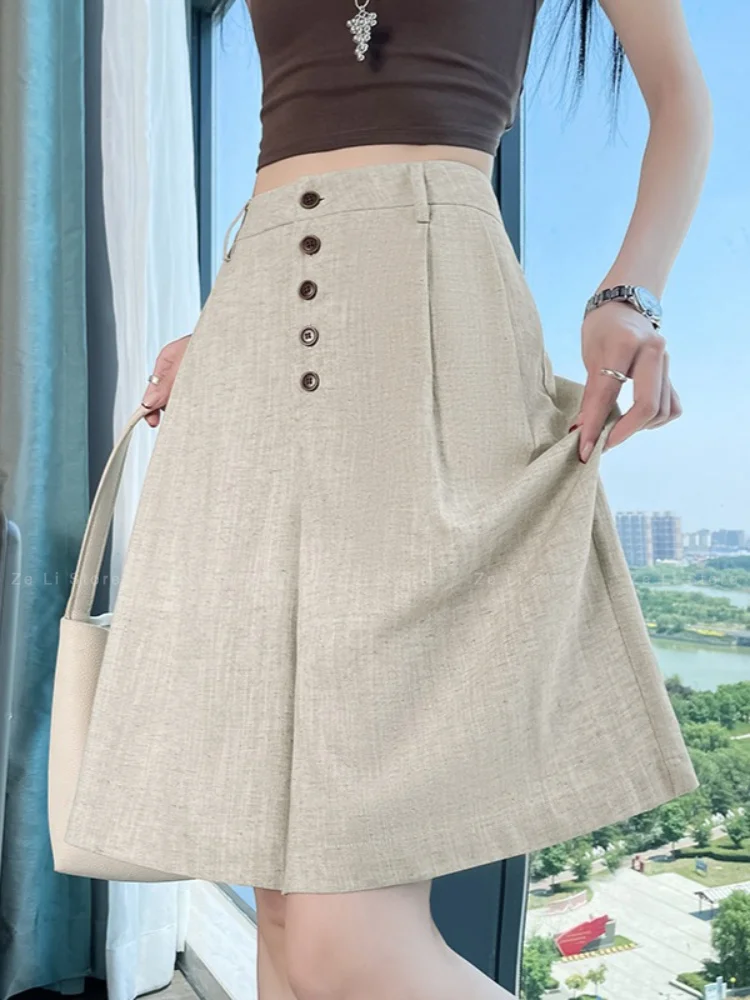 Ultra High Waist Linen Wide Leg Short Pants Women's Summer Thin Five-Button Casual Straight Leg Pants