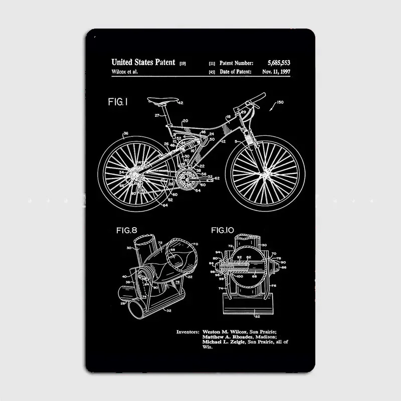 Mountain Bike Patent Inventors White Retro Poster Metal Sign Garage Club Indoor Room Decor Wall Decor Custom Tin Home Decor