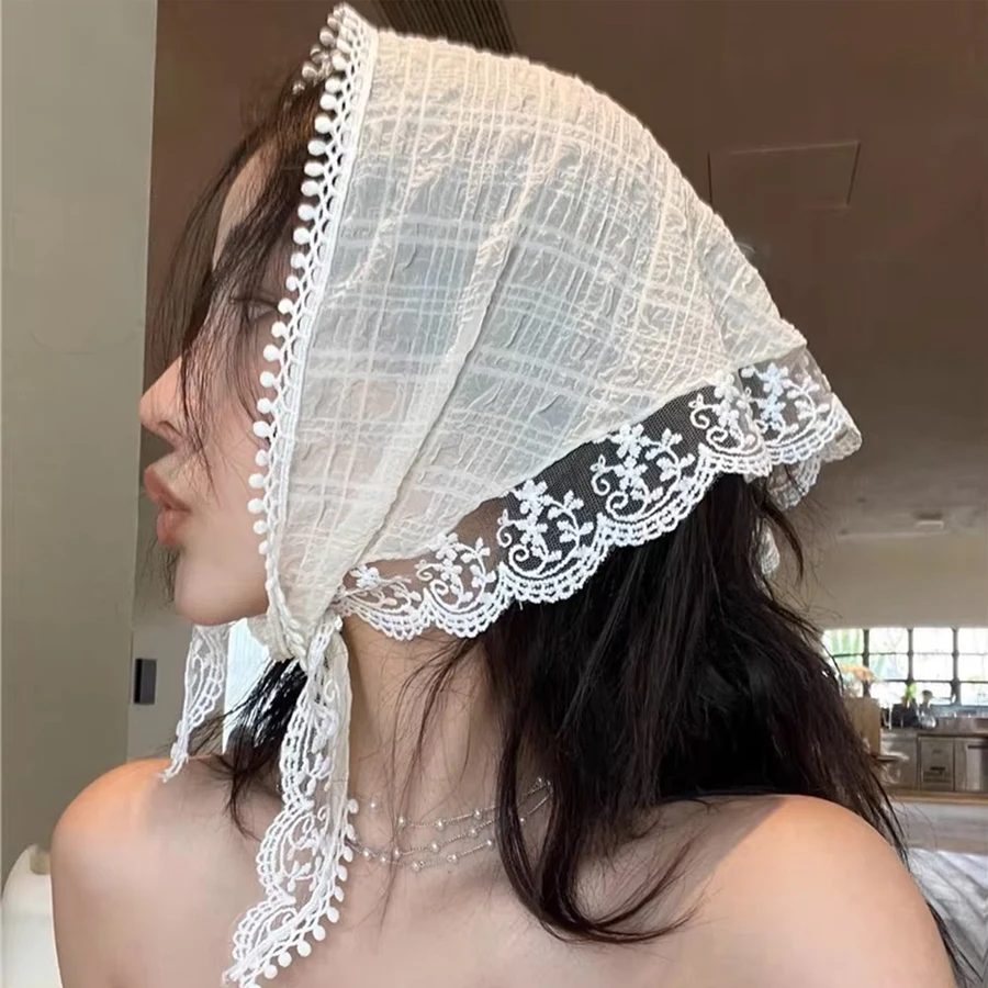 Flower Lace Triangle Scarf Headscarf Vintage Decorative French Headcloth White Fashion Headband For Women Hair Accessories
