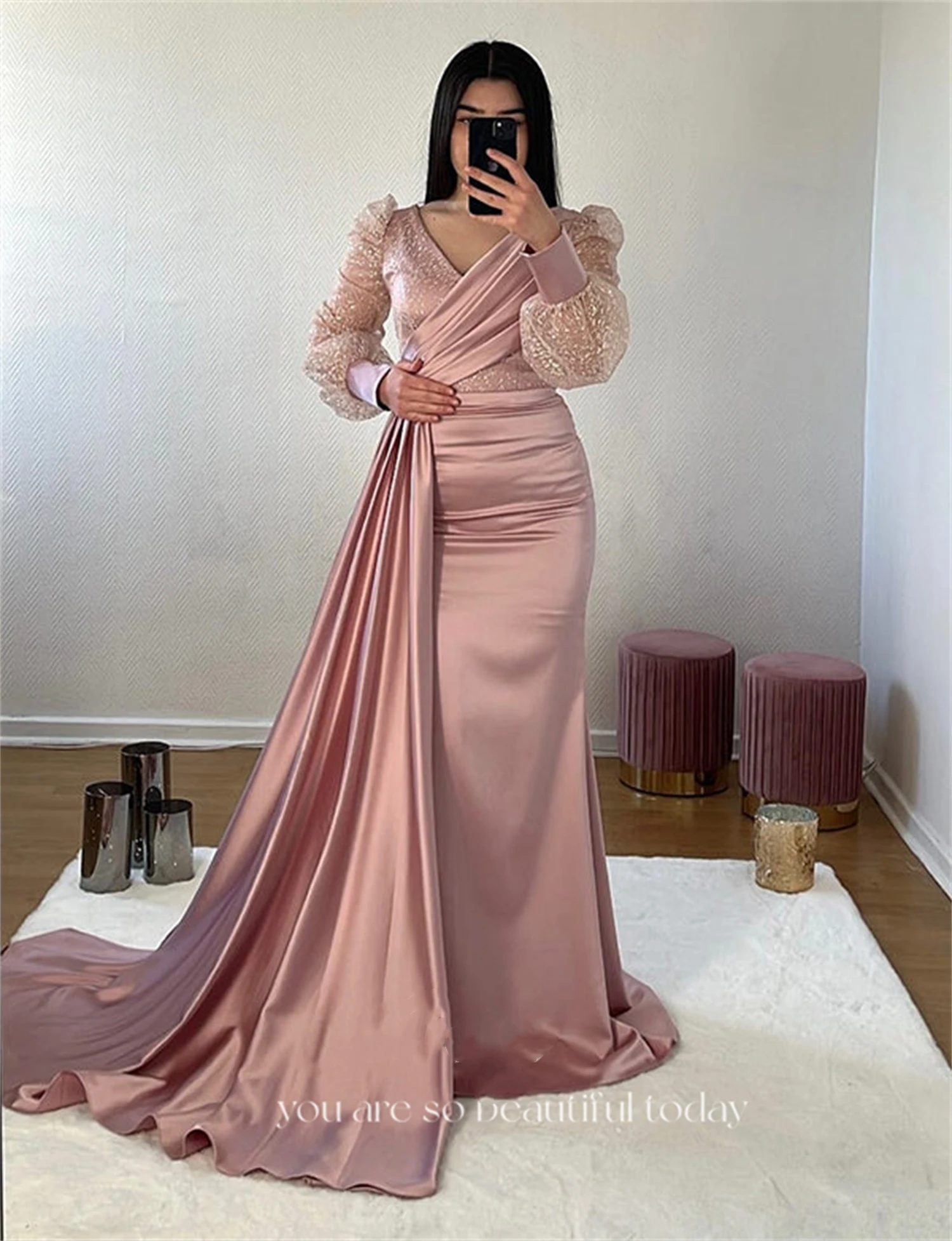 Aileen-vestidos de baile rosa com manga folhada, decote em v, vestido de noite, alta divisão, Arábia Saudita, Dubai, vestido de coquetel, plus size