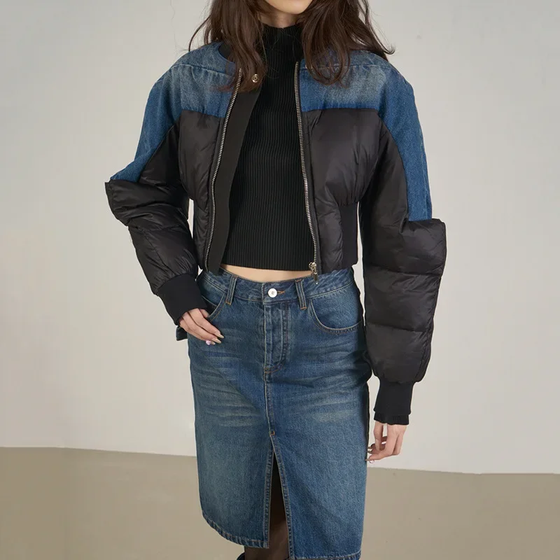 Washed Denim Patchwork Quilted Jacket Women 2024 Stylish Slim High-waisted Cropped Jeans Jackets Outerwear Autumn Winter