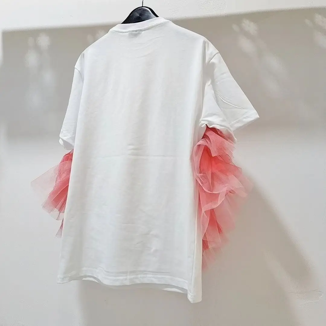 Luxury Mesh Splicing Ruffles 3D Flowers Embroidery Sequined T-Shirts White Loose Short Sleeves Tees Jumpers O-neck Crop Tops
