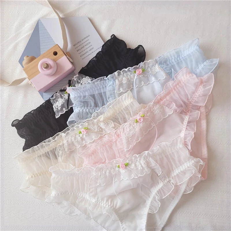 Women Sexy Mesh Transparent Thin Underwear Low Waist Elasticity Breathable Flowers Panties Cute Lovely Sweety Princess Breifs