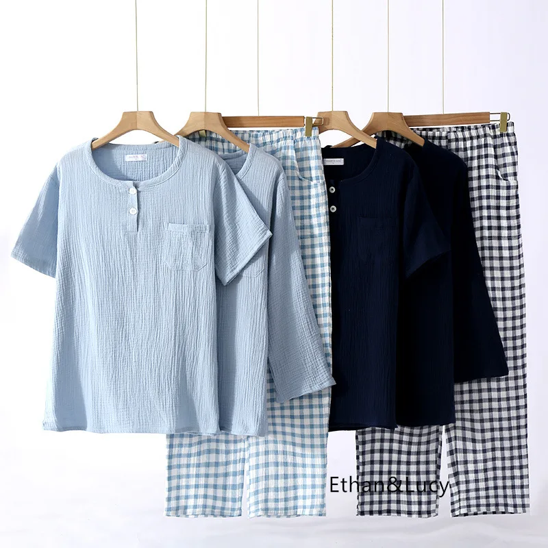 Men Crepe Gauze Plaid Pajamas Long-sleeved Trousers+short-sleeved Trousers Leisure Pijama Mujer O-Neck Cotton Pijamas Lounge Set