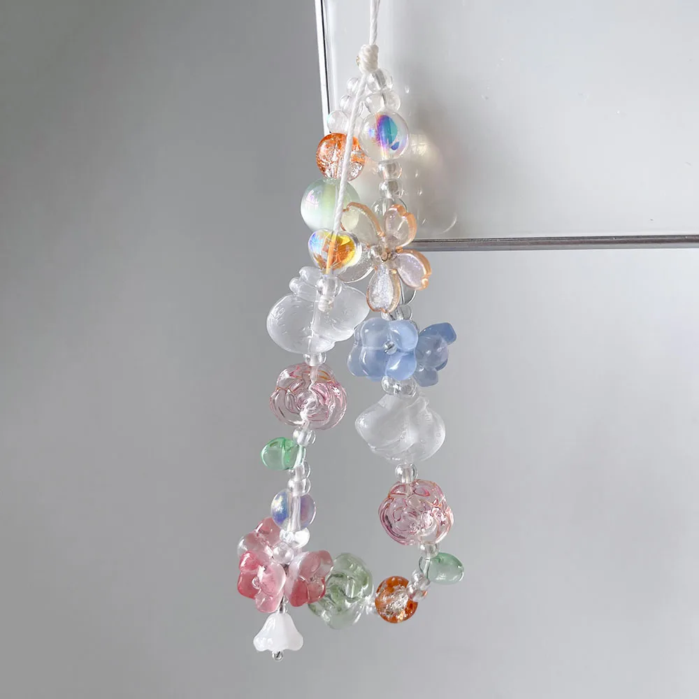 Cute Easter Bunny Phone Strap Charm Pink Orange Green Blue Flower Rabbit Beads Lanyard Fairycore Camera Decor Jewelry Girl Gift