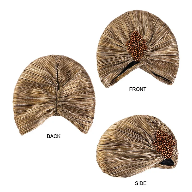 

2026 New Women Luxury Metallic Shinny Ruffle Turban Head Wrap with Beaded Flower Lady Chemo Bandanas Hijab Hair Accessories