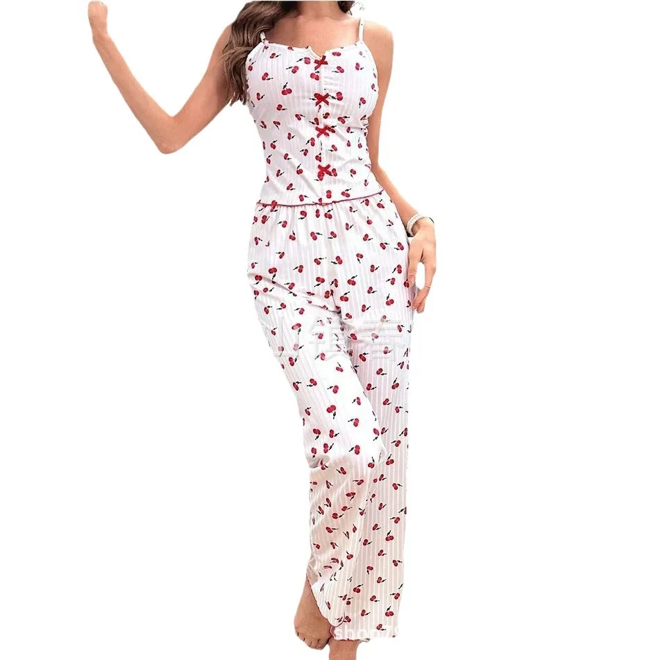 New Sexy Mesh Patchwork Printed Pajama Two-Piece Set For Women Home Wear Fashion Sexy Women Pants Set 2026 New Tops FI5E