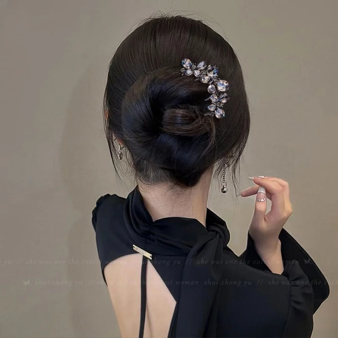 Rhinestone Butterfly U-Shaped Hairpin for Women, New Chinese Style Four-Tooth Comb, Ancient Style Hanfu Cheongsam Hairpin