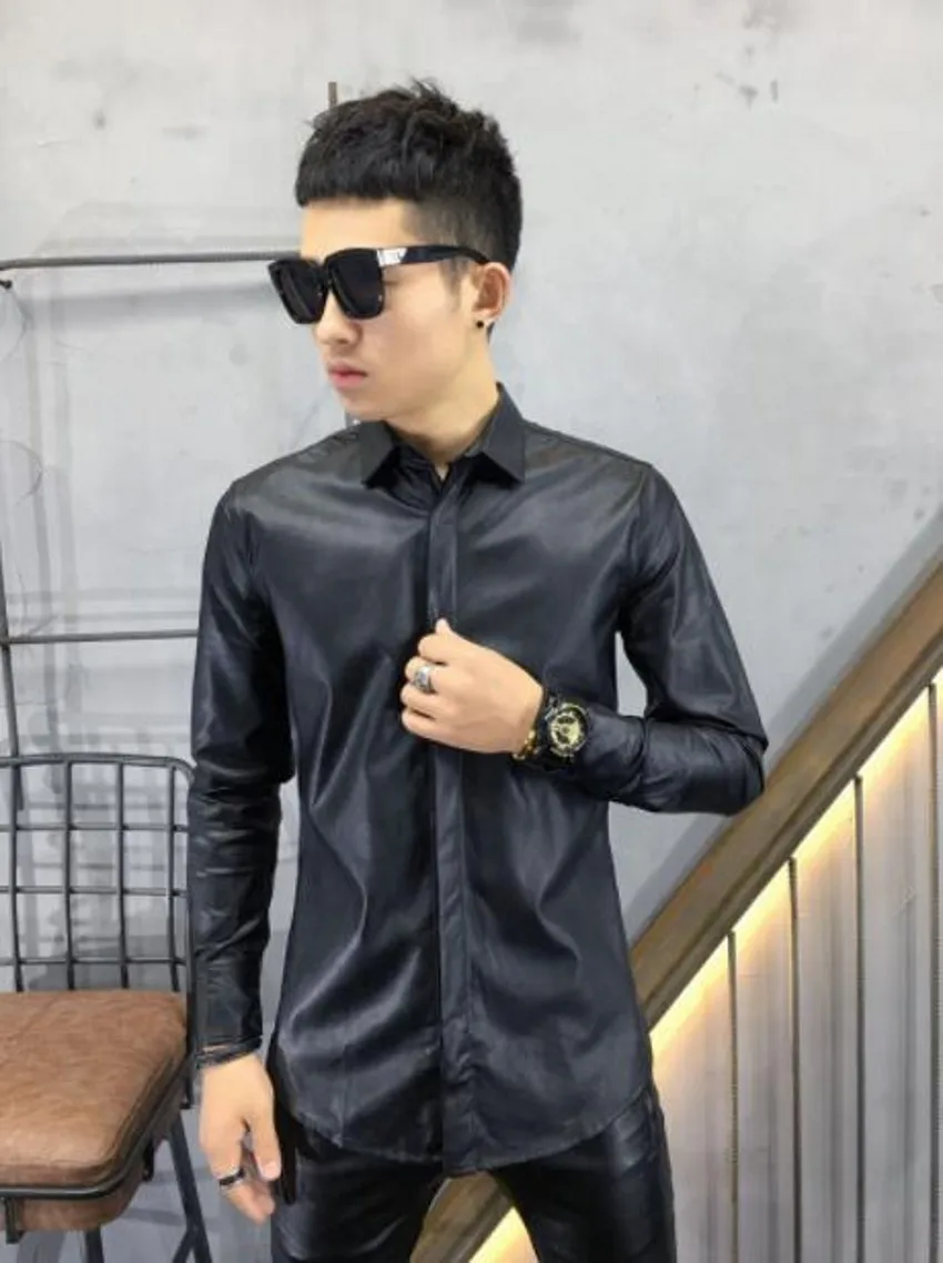 Hot Spring New Imitation Sheepskin Washed Leather Long-sleeved Shirt 2022 Men Trend Korean Slim Leather Shirts Dark Blue Coat