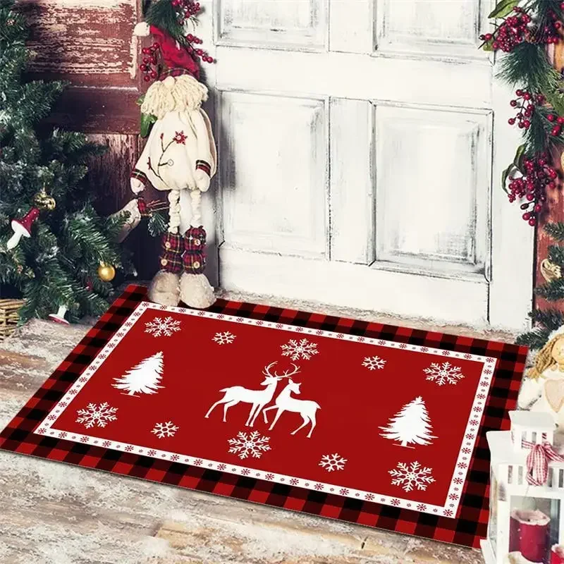Buffalo Plaid Christmas Doormat Door Mat Plaid Xmas Tree Snowflake Merry Christmas Print Carpet for Holiday Entryway Decor
