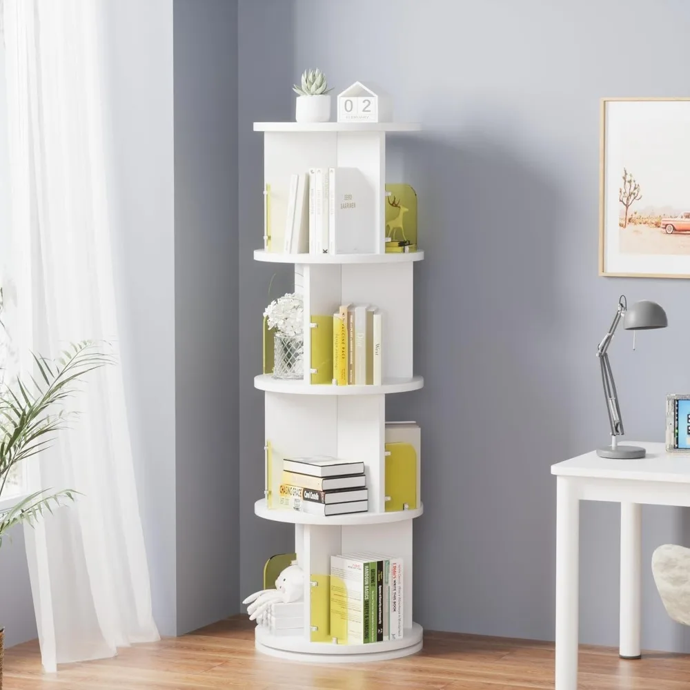 360° Rotating Bookshelf Tower, Round Stackable Storage Display Rack Floor Standing for Kids & Adults Solid Wood, White