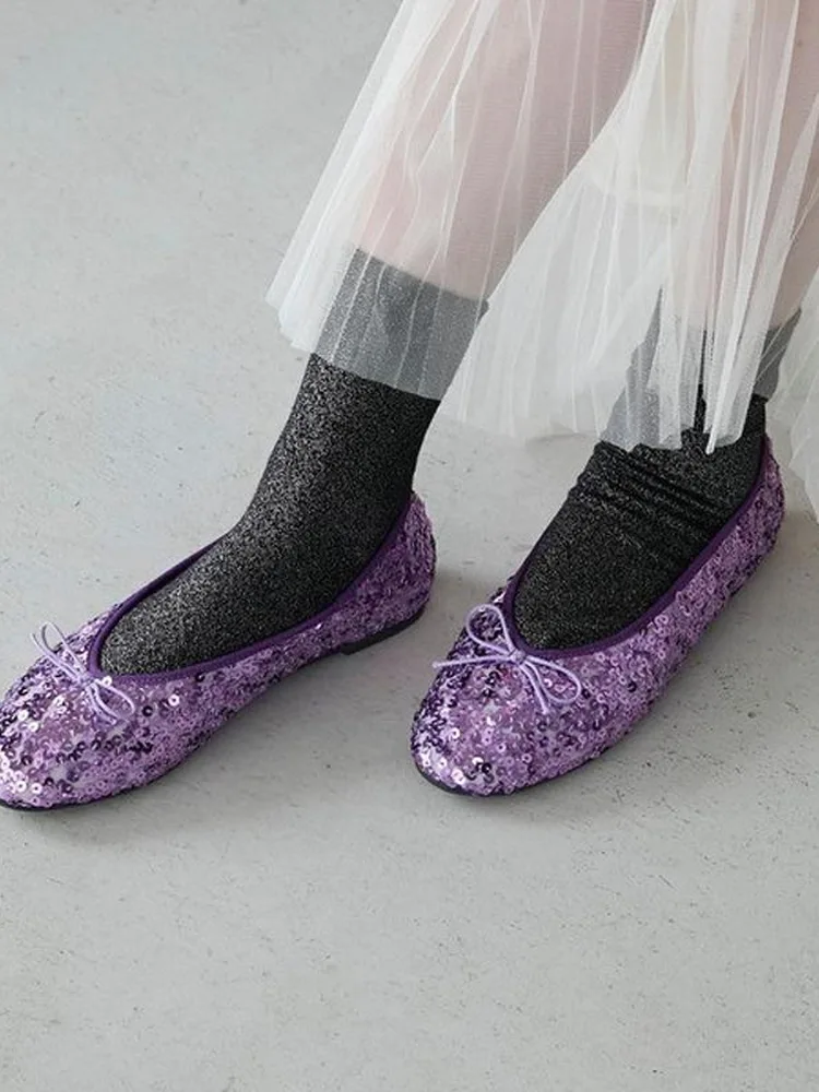 バレエシューズ-バタフライノット-光沢のあるスパンコール-和風-レディースシューズ-ラウンドトゥ-ローヒール-ファッション-メリージェーンシューズ-合成皮革