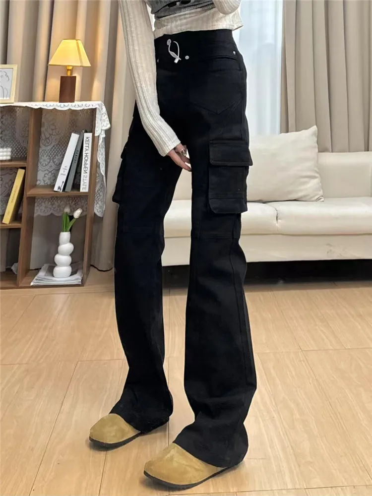 

American Vibe Black Bell Bottom Workwear Jeans Women's Slim Low Waist Slimming Tall Extended Floor Length Pants