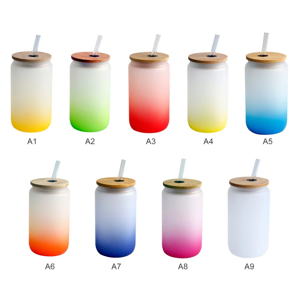 Sublimation Blank Gradient Frosted Colors Skinny Juice Glass Tumbler Glass Bottle Cups With Bamboo Lid And Straw