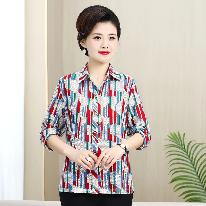 New Lady Casual Fashion Striped Printed Button Shirt Summer New Polo-Neck Half Sleeve Loose Cardigan Tops Ladies Clothes